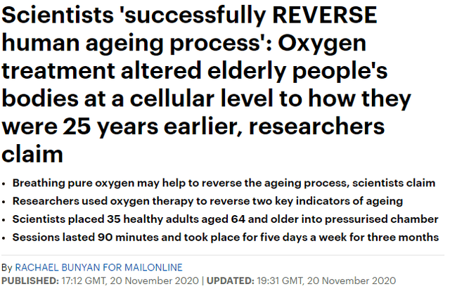 重大发现：高压氧竟然在细胞水平逆转了人类衰老25年